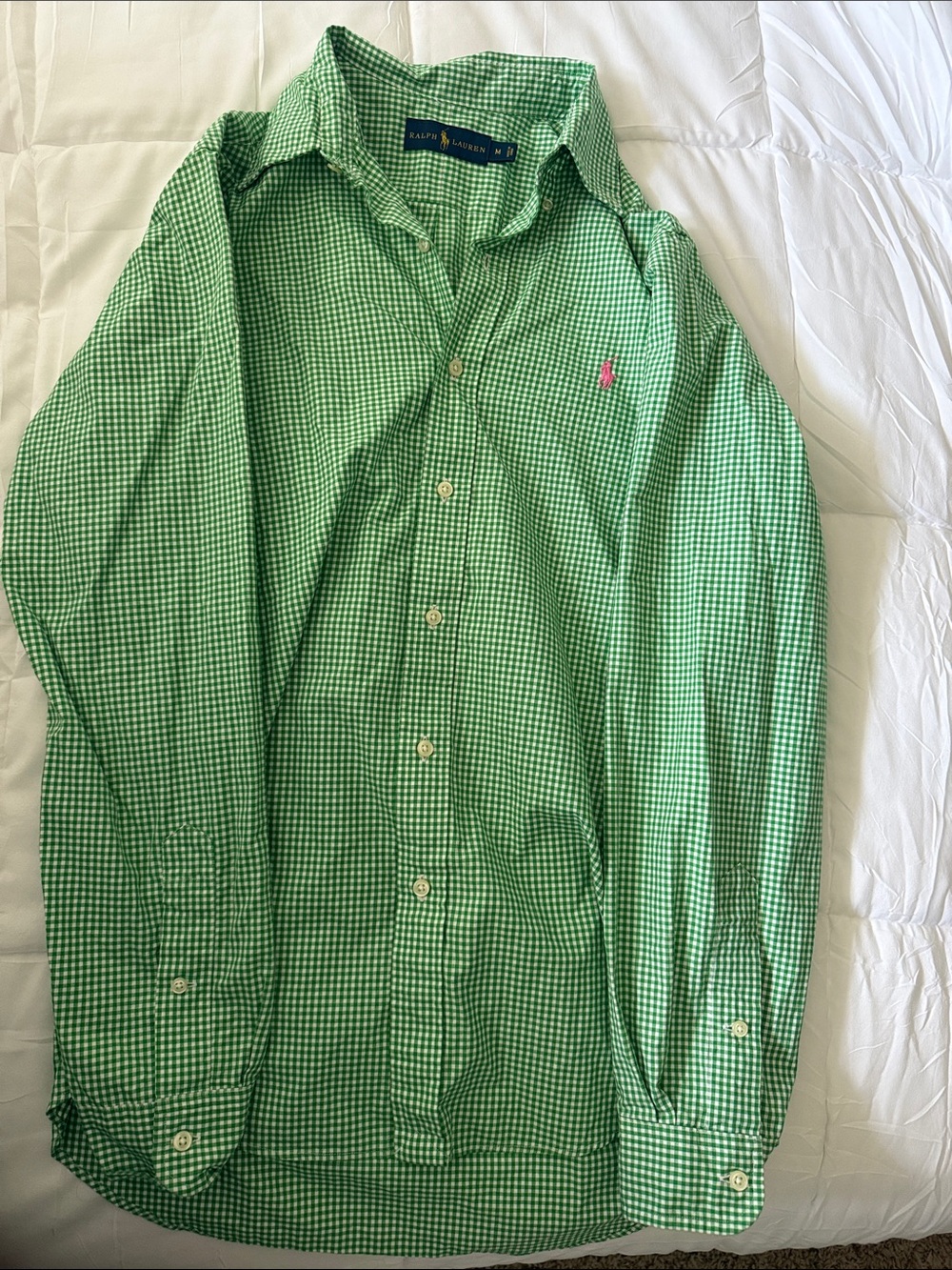 Ralph Lauren Green Gingham Long-Sleeve Button-Up Shirt with Pink Pony